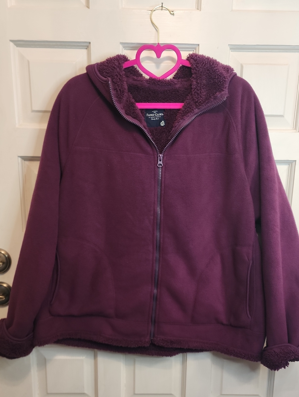 Faded Glory Cozy Thick Women Hooded Plush Fleece Jacket Front Pockets Plum Color